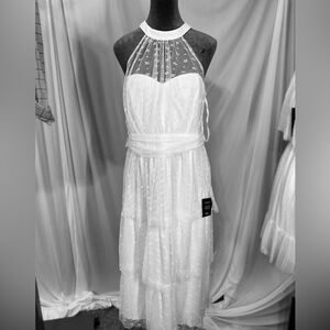 Lulu's White Halter Neck Lace Midi Wedding Dress